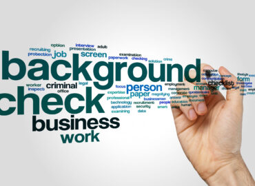 Background check word cloud concept on grey background.