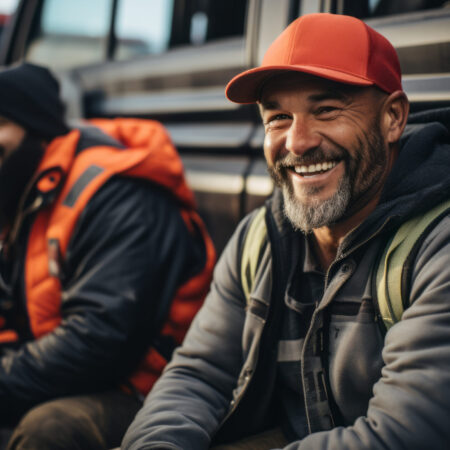 Two truckers sitting on a bench talking in a blurry truck background