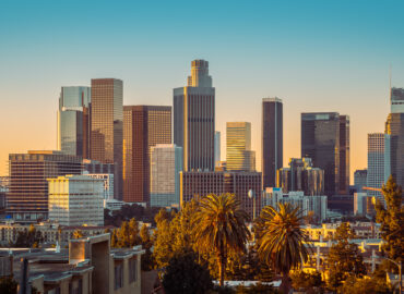 the skyline of los angeles during sunset