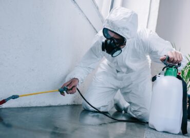 pest control worker spraying pesticides on floor at home