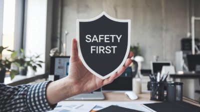 A person holding a shield with the words ‘Safety First’, emphasizing the importance of safety in the workplace environment. A person holding a shield with the words 'Safety First', emphasizing the importance of safety in the workplace environment.