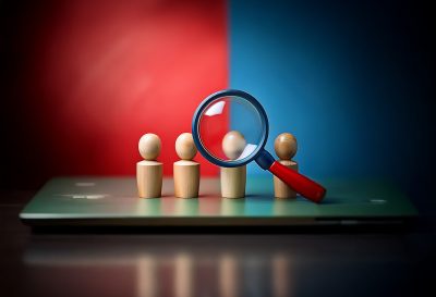 A magnifying glass focuses on one wooden figure in a row of five on a laptop, symbolizing the importance of finding the right candidate.